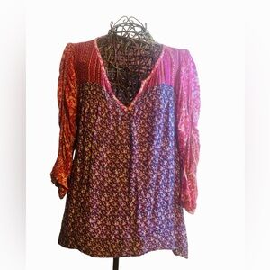 Lucky Brand Women’s Multi Print Burgundy Peasant Top. Size L. SKU 44